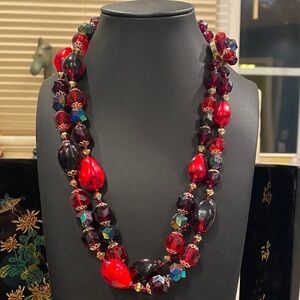 Western Germany Red and Black Beaded Double-Strand Necklace - Women Jewelry